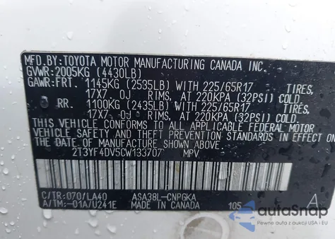 2012 Toyota Rav4 Limited из США, поврежденный, VIN 2T3YF4DV5CW133707